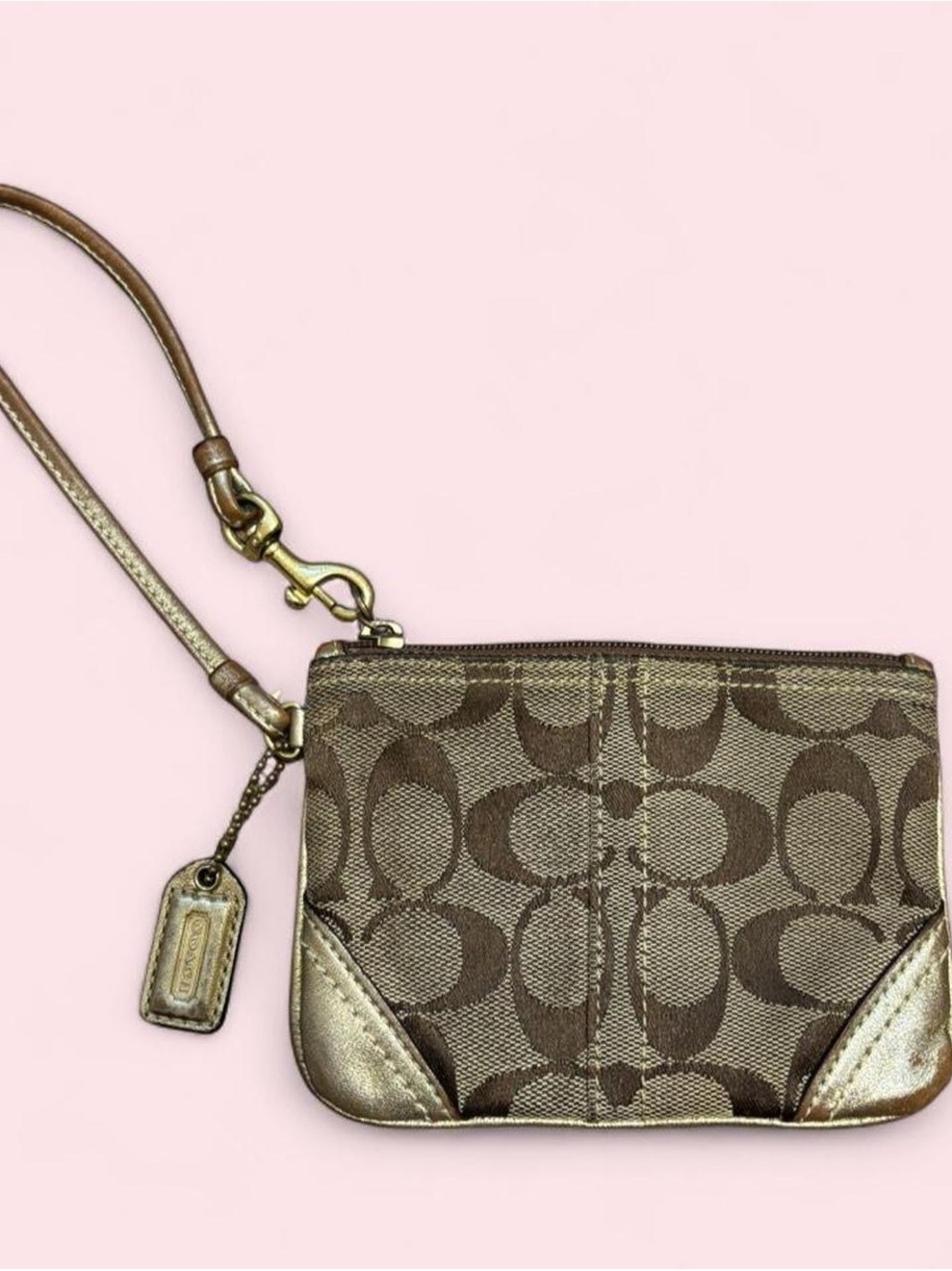 Coach Signature Canvas Wristlet in Brown with Gold Trim